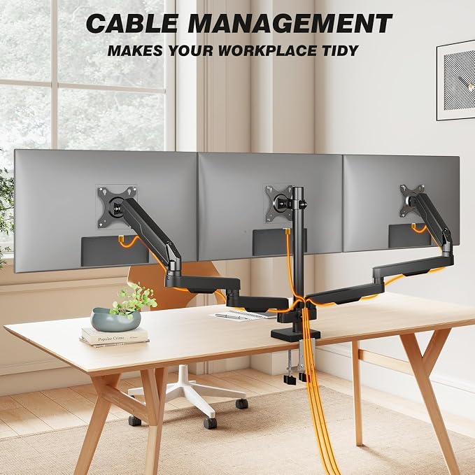 5Rcom Triple Monitor Mount Stand for 17-34 Inch Computer Screens | Gas Spring Full Motion Arms, Each Holds 22lbs, Compatible 75/100mm VESA Mount - Image 5