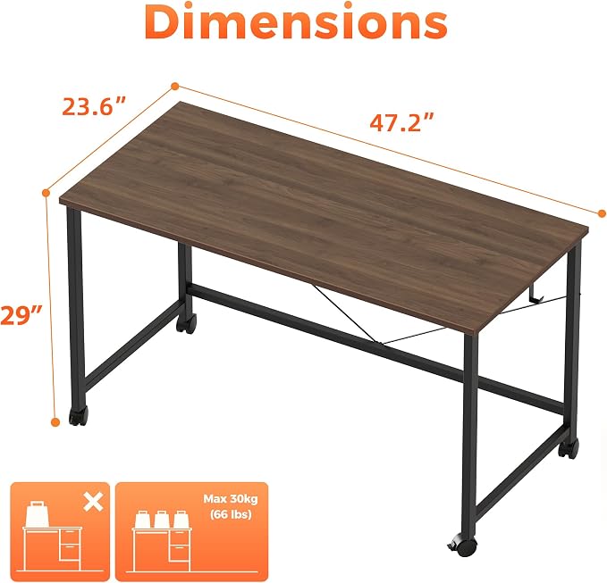 Mericonia 47x24 Inch Computer Desk with Wheels, Small Simple Rolling Desk | Writing Table for Home Office Bedroom Work Study, Walnut - Image 2