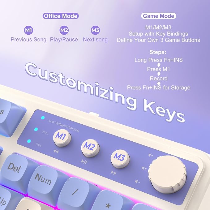 AULA 99 Key Purple Keyboard, Wireless Gaming Keyboard with Number Pad | RGB Backlit,Programmable,Creamy Sounding,Tri-Mode BT/2.4GHz/USB-C,2000mAh Membrane Keyboard,Thocky Computer Keyboards - Image 4