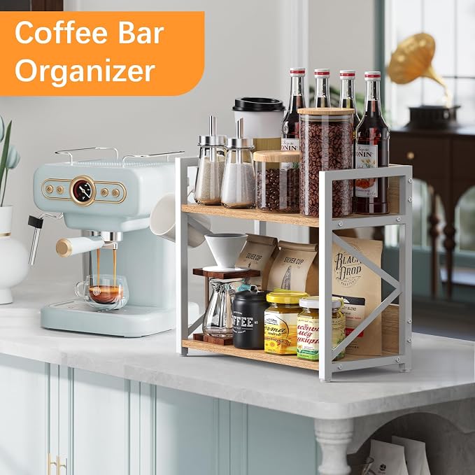 RUILALIFE Kitchen-Countertop-Organizer-Shelf, 2 Tier Coffee Bar Station Organizer for Counter,Wooden Spice Rack Shelf, Space Saving Desk Shelving Riser Unit, Coffee Bar Accessories (Maple, Large) - Image 3