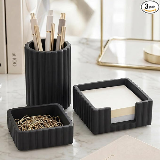 Aesthetic Desk Organizer Set of 3 For Your Office - Sturdy Concrete Desktop Accessories For Women Enhance Any Office Decor - Set incl. Pen Holder, Paperclip Storage & Sticky Note Holder for Teacher by KIBAGA