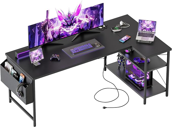 Mericonia 55 inch L Shaped Gaming Desk, Large Corner Desk with Shelves | Reversible Computer Desk with Power Outlets & Storage Bag, Office Table for Home Bedroom Study Work Writing by MERICONIA