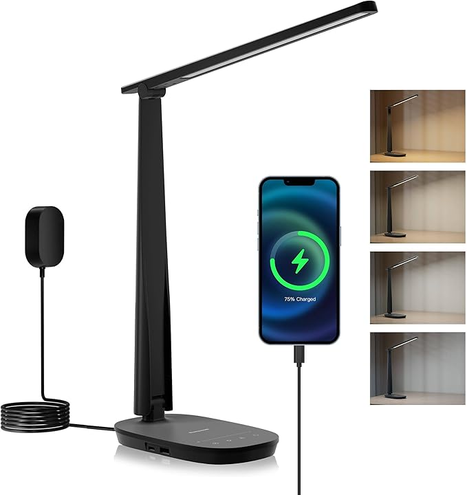 Honeywell HWT-H2 LED Desk Lamp for Home Office, CRI94 Full Spectrum Eye-Caring Light, Dimmable Table Lamp with USB-A & USB-C Charging Ports, Foldable Touch Control Reading Lamp, Black by HoneywellAirComfort