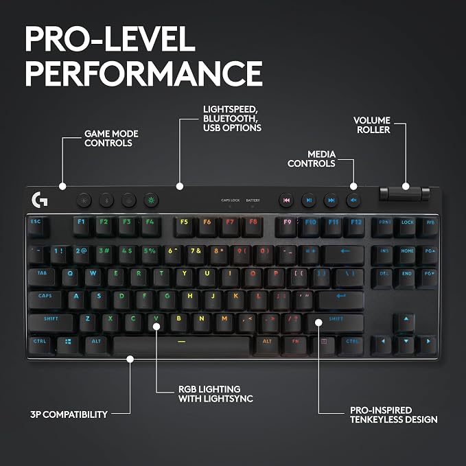 Logitech G PRO X TKL Lightspeed Wireless Gaming Keyboard (Linear) - Black | Lightspeed wireless, Ultra-Portable Tenkeyless Design, LIGHTSYNC RGB, PBT keycaps, Linear Switches - Image 5