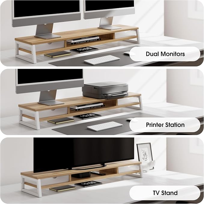 Fenge Dual Monitor Stand, Monitor Riser with Drawer, 42.5 Inch Large Computer Monitor Stand for 2 Monitors, 2 Tier Wooden Desk Shelf for Top of Desk - Image 6