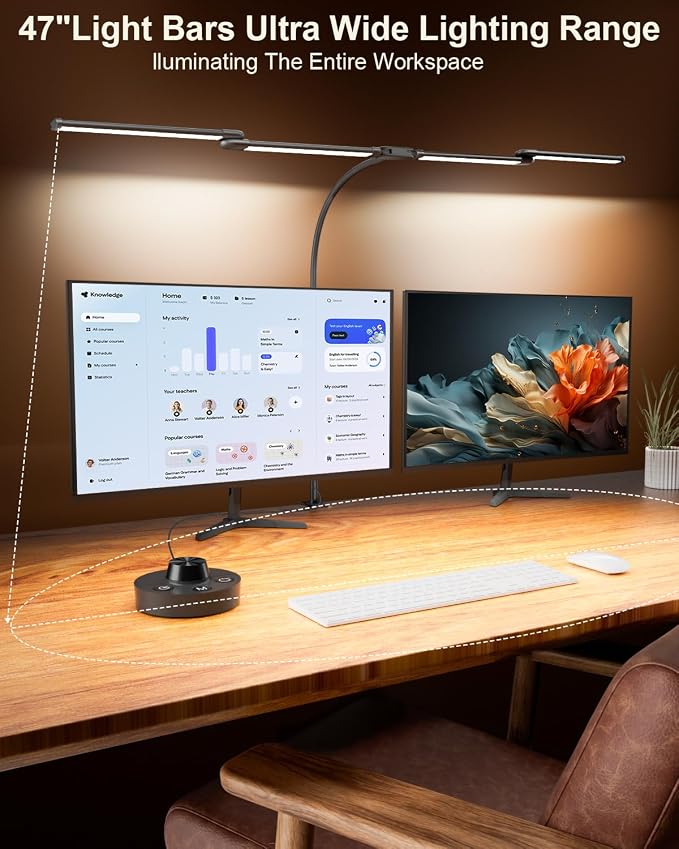 Desk Lamp Clamp Light 24W, Ultra Wide 4 Head Bars, 5 Color Modes Dimming, Multi-Screen Setup for Office, Architect, Black, Aluminum, Adapter Included - Image 2