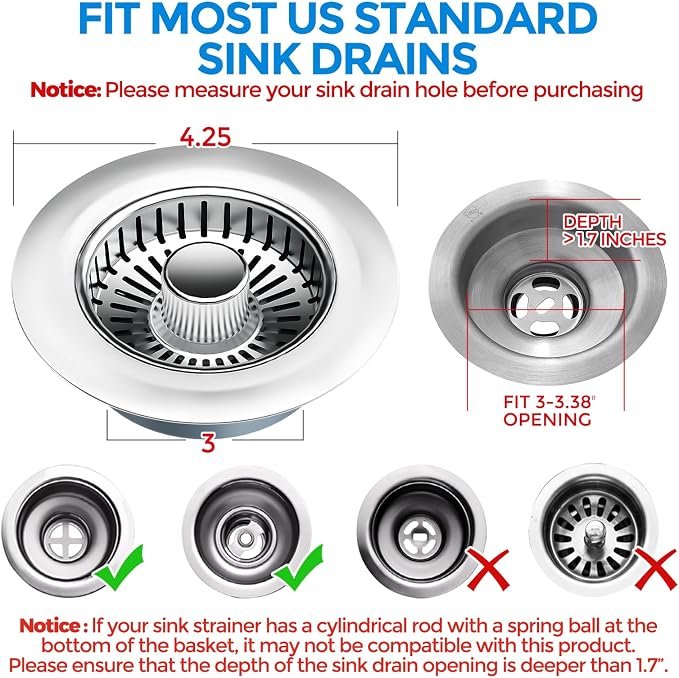 zaa 3 in 1 Kitchen Sink Drain Strainer Stopper Removable Basket Pop-Up | Kitchen Sink Accessories 2 Pack Brushed Silver Stainless - Food Catcher, Odor-Blocking Seal, Fits 3.5" Drain - Image 7
