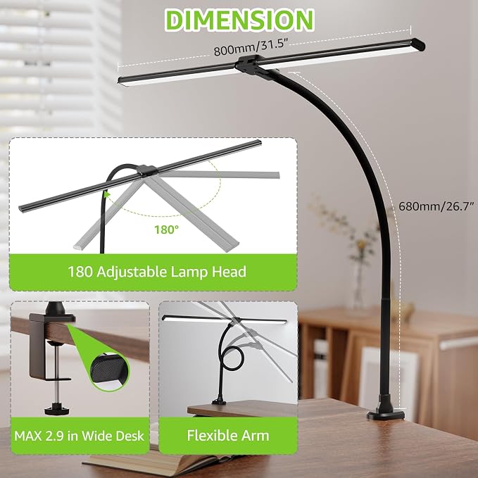 ShineTech LED Desk Lamp for Home Office, 3000K Warm White Double Head Architect Task Lamps with Clamp, Dimmable Adjustable Flexible, Black - Image 8