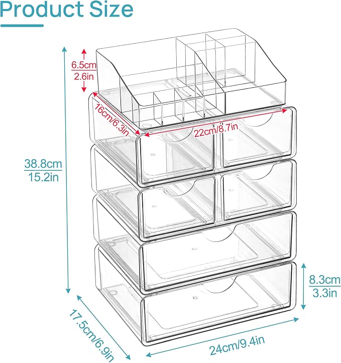 Vtopmart 5 Tier Clear Makeup Organizer with 6 Drawers | Smart Storage Layout, Clear for Better Visibility, Stackable, Large Capacity, for Makeup Lipstick Brush Skincare - Image 3