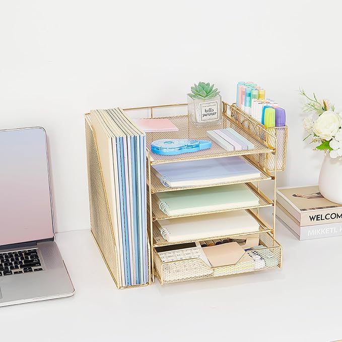 Desk Organizers and Accessories, 5-Tier Paper Letter Tray Organizer with File Holder, Drawer & Pen Holder, Office Desk Accessories, Desktop Organizer for Classroom Office Supplies, Gold - Image 6