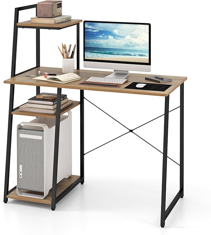 Giantex Computer Desk with Shelves, 47.5” Home Office Desk with Bookshelf, Host Stand, Metal Frame, PC Laptop Workstation, Modern Study Writing Desk for Bedroom, Small Space (Natural & Black) by Giantex
