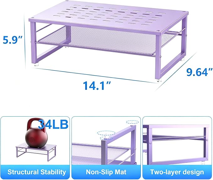 gianotter 2-Tier Metal Monitor Stand Riser, Office Desk Storage Organizer for Computer Monitor, Laptop, Printer, Office Supplies (Purple) - Image 5