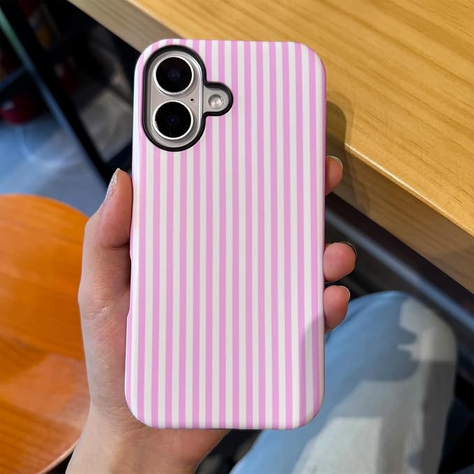 for iPhone 16 Case Striped Cute Aesthetics Phone Case Trendy Protective Shockproof Cover for iPhone 16 Pink White - Image 2