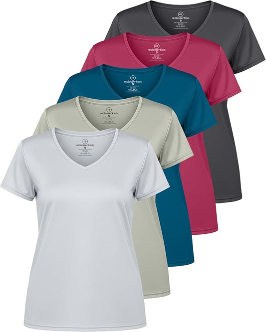 5 Pack Women's Dry Fit V Neck Workout Tops T Shirts Athletic Gym Yoga Tees | Available In Plus Size, Cooling Moisture-Wicking, Short Sleeve, Quick-Dry, Fitness, Stretch, Exercise, Running, Hiking by RealEssentials