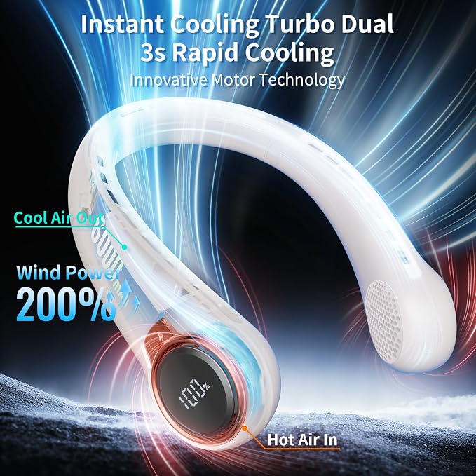BNBZ Portable Neck Fan, 6000mAh Rechargeable Fan Blows Cold Air with LED Display, 4 Speeds, 20H Runtime, Quiet Wearable 360° Personal Cooling Fan for Outdoor Travel Work Gym,Fireplace Fans-White - Image 2