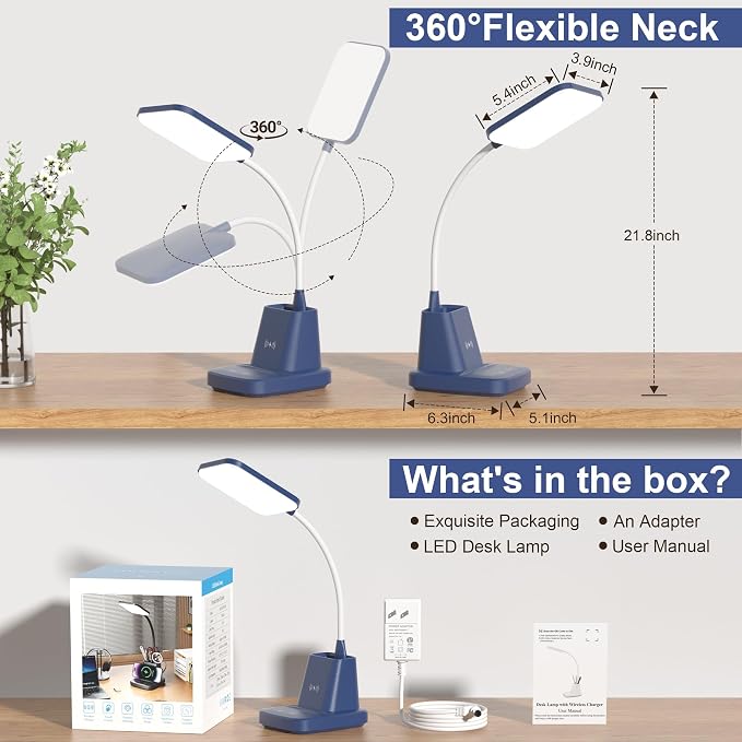 LED Desk Lamp with 10W Wireless Charging & Pen Holder, Navy Blue | CRI 95, 800LM, Stepless Dimming, 3 Modes, 360°Flexible Arm, Touch, Study Table Lamp for Home Office, Dorm Room, with Adapter - Image 5