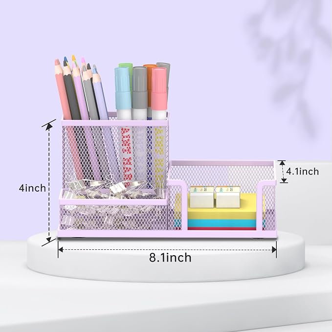 SUPEASY Mesh Pen Holder Desk Organizer, Office Supplies Pencil Storage with 3 Compartments, Office Desk Accessories and Workspace Organizers for Home School Classroom, Purple - Image 6