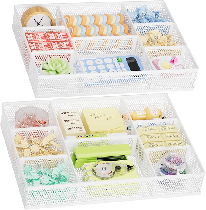 Marbrasse 2 Pack Desk Drawer Organizer, Mesh Drawer Organizer Tray with 8 Adjustable Compartments, Desk Organizers and Accessories, 5 Dividers for Office Supplies, Makeup & Vanity (White) by Marbrasse