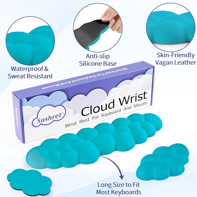 Sushret Cloud Wrist Rest Keyboard, Cloud Keyboard Wrist Pad Set with PU Leather Memory Foam, Cute Arm Rest for Palm Support, PC/Gaming Desk Accessories/Office Setup/Computer Hand Cushion - Scuba Blue - Image 5