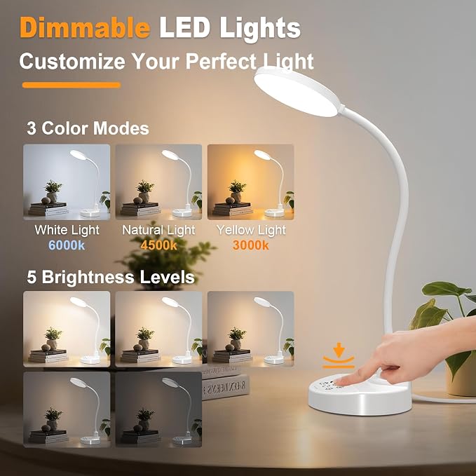 15W LED Desk Lamp with USB Charging Ports, [Button & Remote Control] Dimmable Table Lamp with 3 Color Modes, 5 Brightness Levels, 4 Timers, Flexible Reading Light for Home Office, Bedroom, Kids Study - Image 2