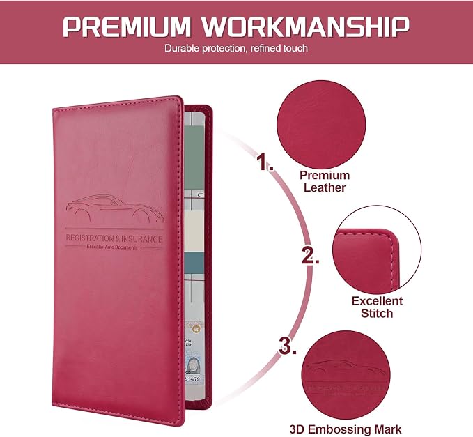 JUSTTOP 1Pack Car Registration and Insurance Holder,Car Document Holder for Cards License with Magnetic Shut,Vehicle Glove Box Car Organizer for Documents, Cards, License(Rose red) - Image 4