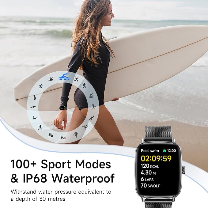Smart Watch for Women, 1.85" HD Smartwatch Compatible iPhone/Samsung/Android (Answer/Make Calls), 100+ Sport Modes Fitness Tracker with Heart Rate/Sleep/SpO2 Monitor, IP68 Waterproof, Metal Band - Image 4