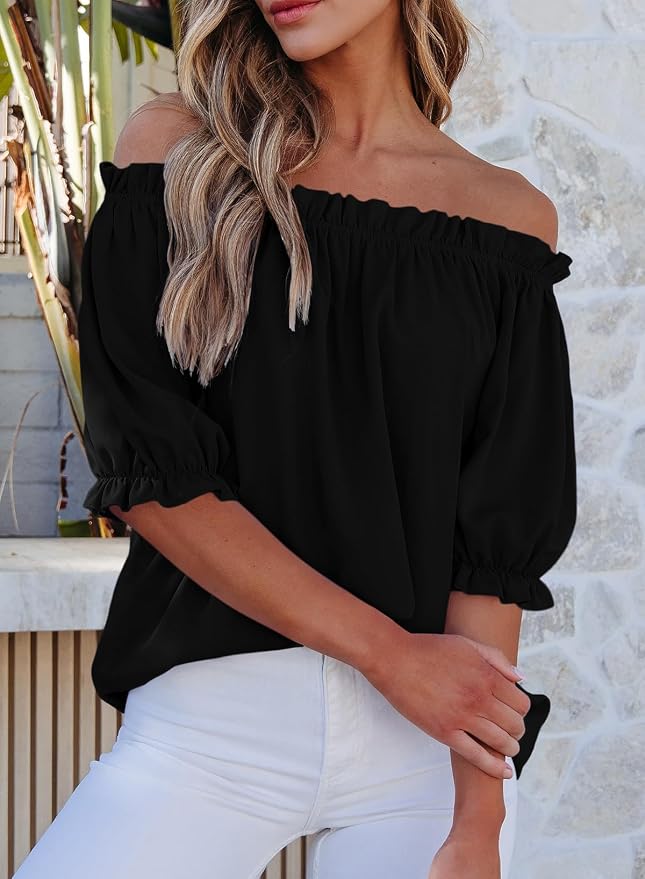 EVALESS Womens Tops Off The Shoulder Blouses for Women Dressy Casual Cute Puff Sleeve T Shirts Fashion 2026 - Image 3