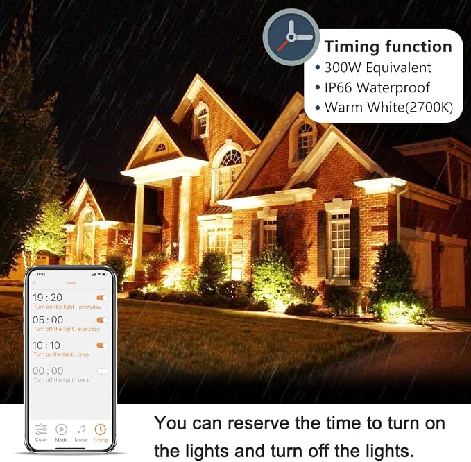 Led Flood Light 30W, 300W Equivalent 3000 LM Outdoor Color Changing Led Stage Landscape Lights, Bluetooth RGBW Smart Floodlights 2700K & 16 Million Colors&Timing& Music Sync, IP66，US 3-Plug (6 Pack) - Image 3