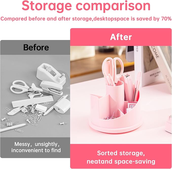 deli Office Supplies Set, Desk Accessory Organizer Kit, Pink | Stationary Set, Desk Supplies with Rotating Multi-Functional Pen Holder &Stapler Set for Office, School, Home - Image 7