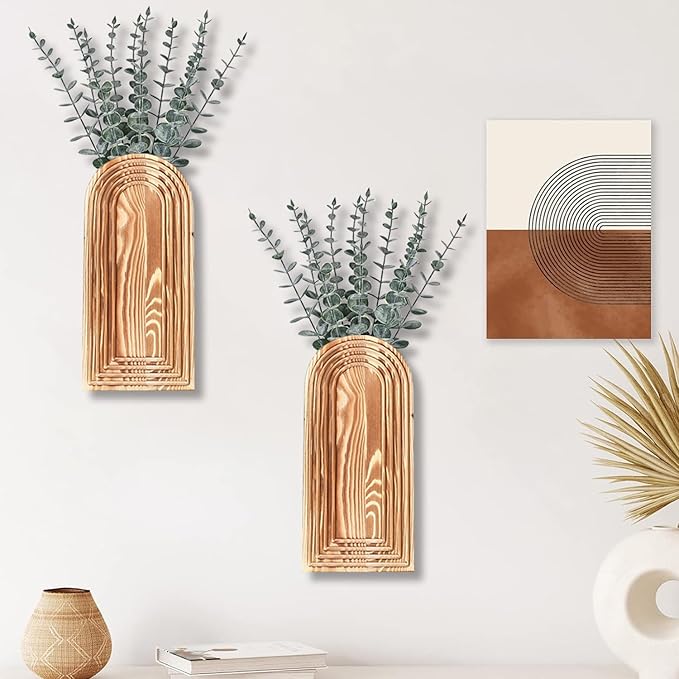 Dnnnii 2 Pack Wooden Wall Vase Set - Brown Finish Modern Farmhouse & Boho Wall Decor for Entryway, Hallway, Bathroom, Living Room, Dining Room, Narrow Spaces - Image 3