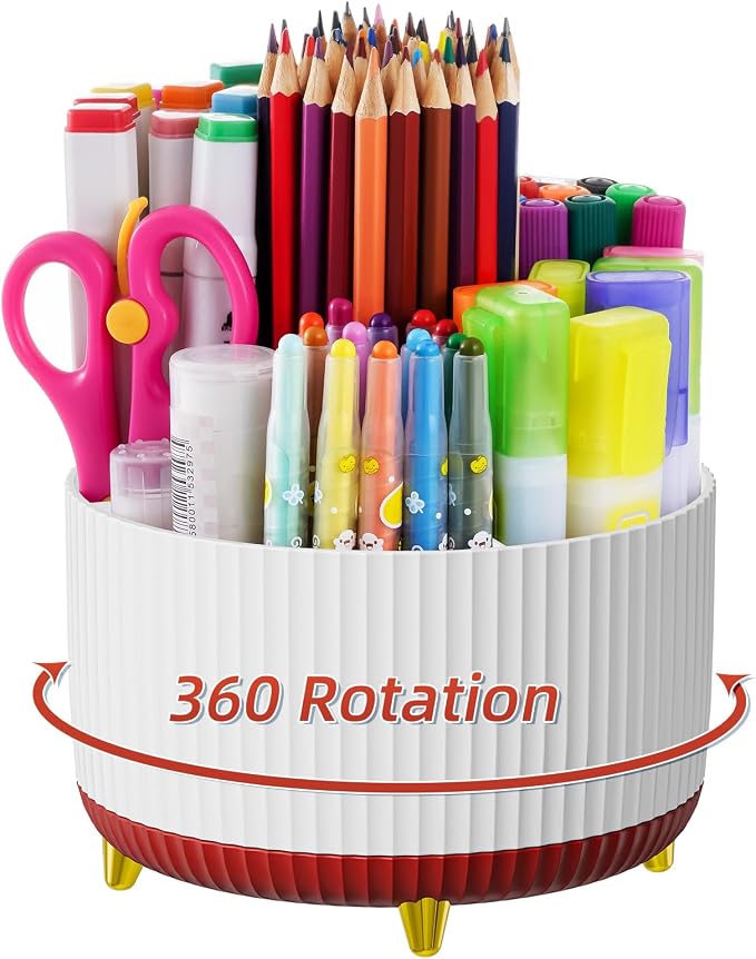 Marbrasse Desk Organizer, 360-Degree Rotating Pen Holder, Desk Organizers and Accessories with 5 Compartments Pencil Holder, Art Supply Storage Box Caddy for Office, Home (White+Red) by Marbrasse