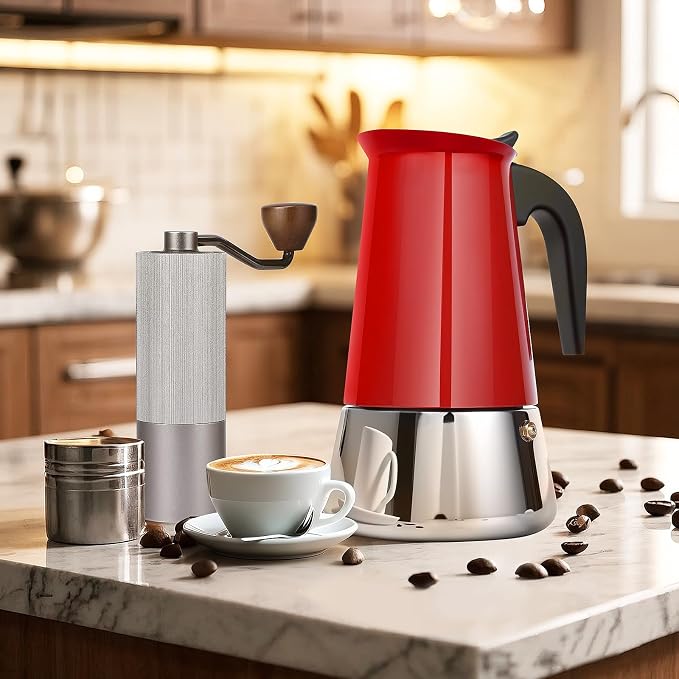 9 Cup Stainless Steel Moka Pot, 450ml Stovetop Espresso Maker, Red | 304 Stainless Steel Mocha Pot, Induction Compatible, Greca de Cafe, Cuban and Italian Coffee Maker - Image 8