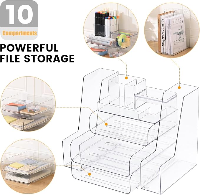 CiWiVOKi Desk Organizer with 2 Vertical File Holder, 4 Tier Stackable Paper Letter Tray File Organizer with 5-Compartments Pen Holder, Clear Desktop Organizer Office Organization and Storage - Image 5