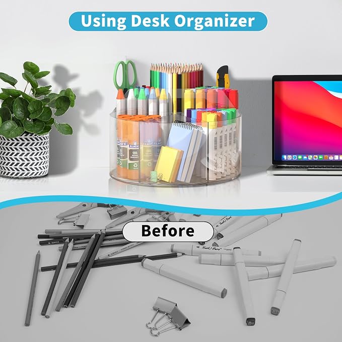 360 Degree Acrylic Desk Organizer Clear Pen Holder for Desk Kids 2 Packs | Pencil Holder Rotating Lazy Susan Organizer for School Supplies, Marker Holder Art Supply Storage Organizer with 6 Dividers - Image 5