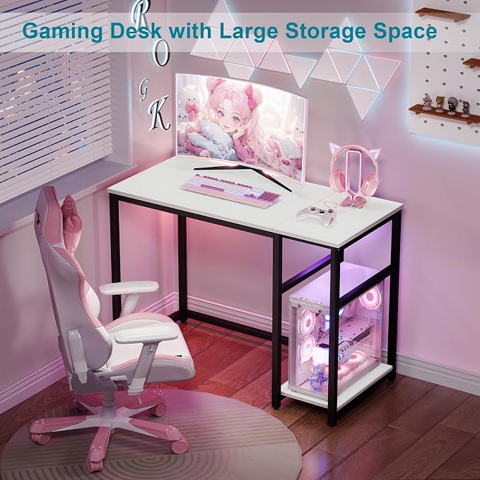 SINPAID Computer Desk 47 inches with 2-Tier Shelves Sturdy Home Office Desk with Large Storage Space Modern Gaming Desk Study Writing Laptop Table, White Desk - Image 6