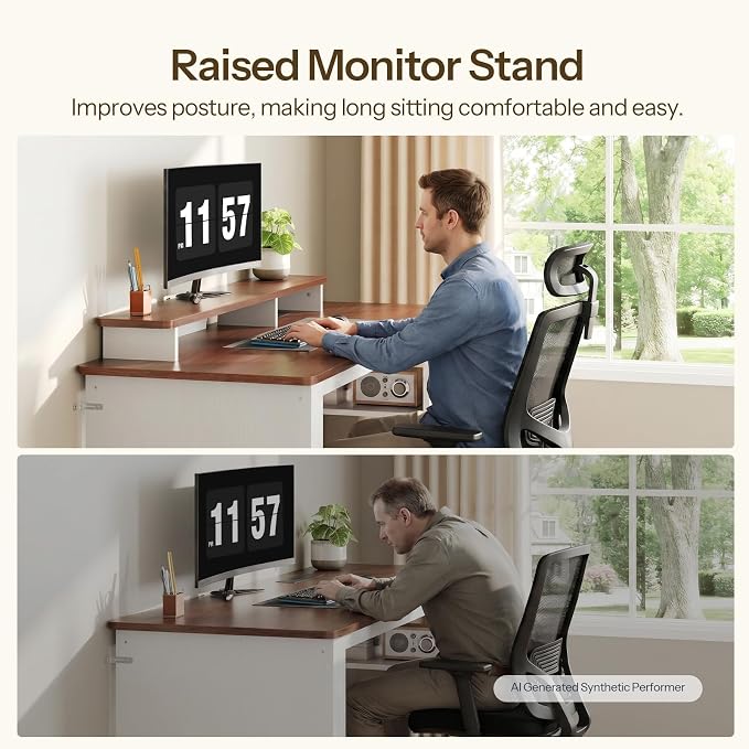 HOOBRO Farmhouse Computer Desk, Office Desk with Charging Station, Executive Desk with Monitor Stand & Adjustable Shelf, Small Desk for Small Space, Study, Living Room, White and Walnut WH85UDN01 - Image 6
