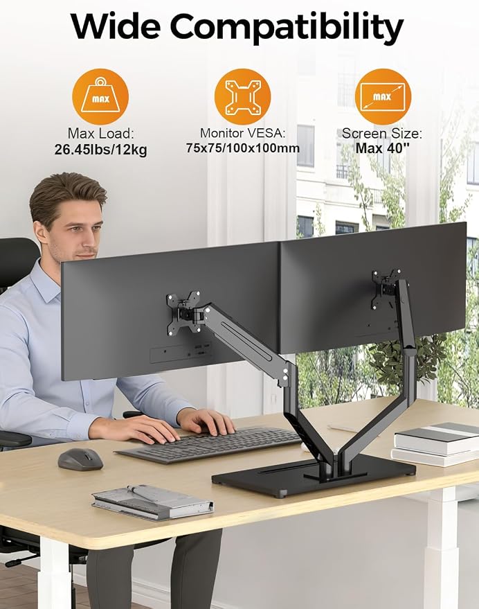 Bracwiser Dual Monitor Stand Free Standing Desk Mount, Premium Dual Monitor Arm Fits Two Screens up to 40 inch 26.45 lbs Fully Adjustable Arms with Heavy-Duty Wooden Base, Max VESA 100x100mm (MLXSPC) - Image 2