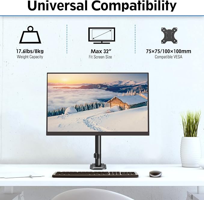 MOUNTUP Single Monitor Mount, Adjustable Monitor Stand for Max 32 Inch Flat Curved Computer Screen, Monitors Arm Desk Mount Fit VESA 75x75& 100x100, up to 17.6lbs, with C-Clamp and Grommet Base, Black - Image 2
