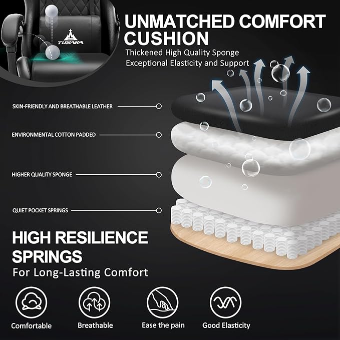 Gaming Chair,Ergonomic Massage Office Desk Chair with Footrest,Black | Pocket Spring Cushion,Reclining,Thick High Back,Headrest and Lumbar Support,Adjustable Leather Computer Chair Gamer Chair - Image 4