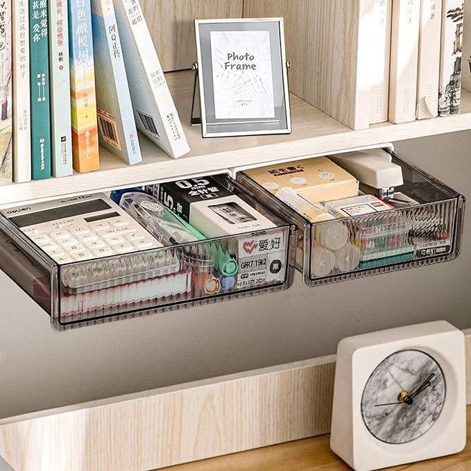 2Pcs Under Desk Storage Drawers Slide Out,Large&Medium, Stick On Desk Drawer Organizer Hidden Under Table Drawer for Home Office School Organization and Storage-Transparent Black - Image 8