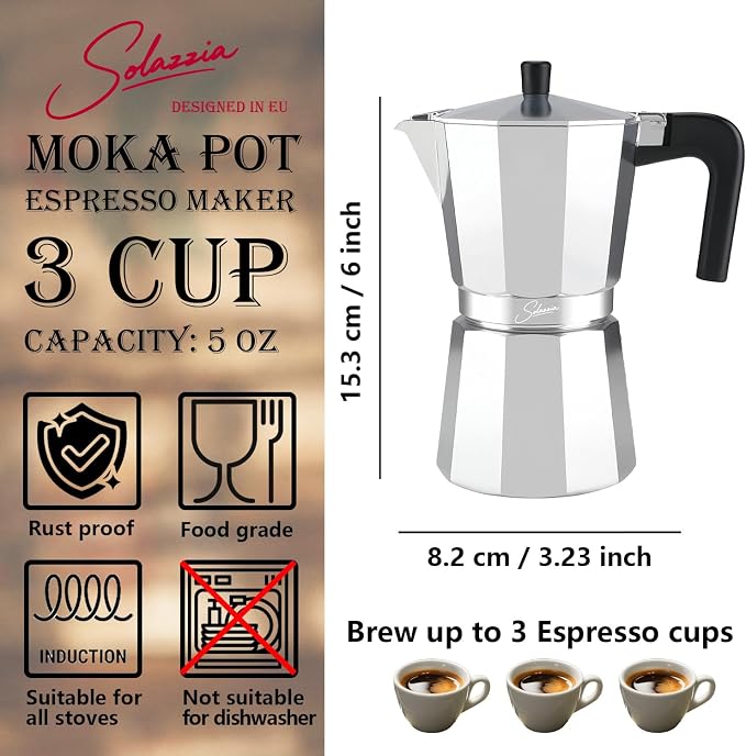 3 Cup Stovetop Espresso Maker Italian Moka Pot, Stove Top Cuban Coffee Maker, Greca Mocha Pot(Basic, 5 oz/150ml) - Image 4