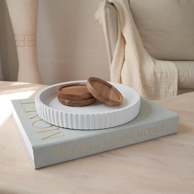 Decorative Concrete Tray & Book Decor Set - Scalloped Tray & Linen Box Enhance Your Coffee Table or Bookshelf Decor - Stylish Home Decoration for Your Living or Dining Room & as a Housewarming Gift - Image 9