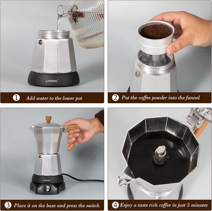 LAOION Cafeteras Electricas Modernas,6 Cup Portable Espresso Maker,300ml | Moka Pot with Detachable Base & Overheat Protection, Great for Home，Office, or Travel, a Thoughtful Gift for Coffee Lovers - Image 5