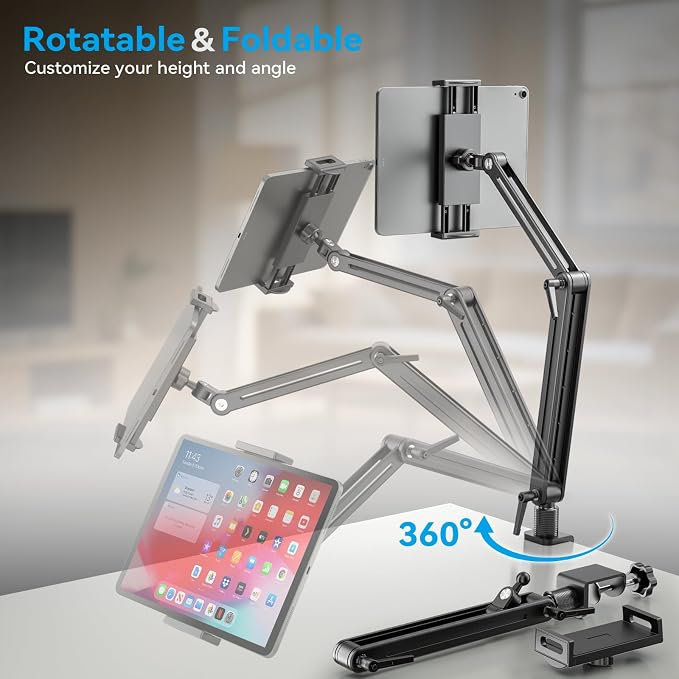 Jakeko Adjustable Tablet Mount for Desk - 360 Degree Rotating Base Tall Arm Holder Stand Swivel Flexible Clamp Soporte para Tablet/Portable Monitor/Ebook - Image 6