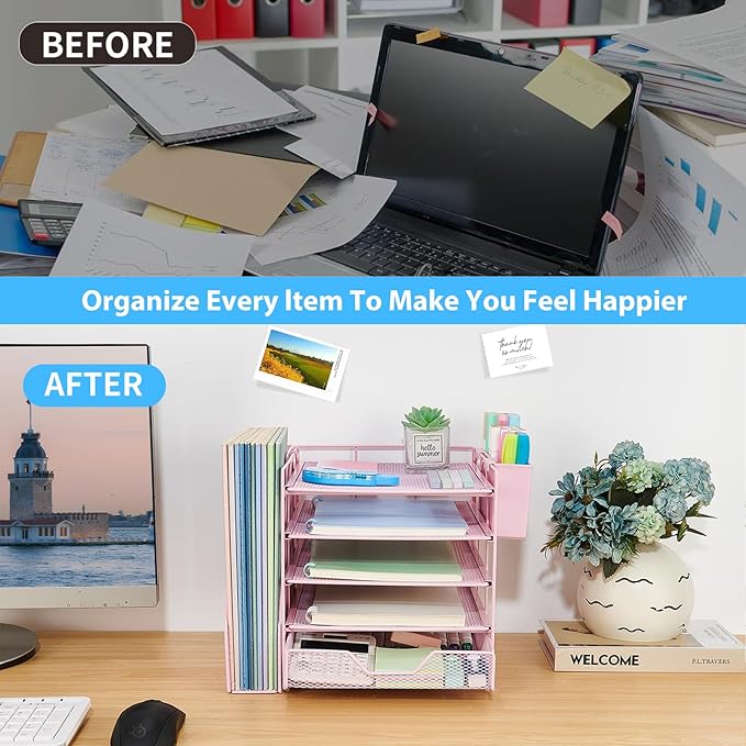 Desk Organizers and Accessories, 5-Tier Paper Letter Tray Organizer with File Holder, Drawer & Pen Holder, Office Desk Accessories, Desktop Organizer for Classroom Office Supplies, Pink - Image 4