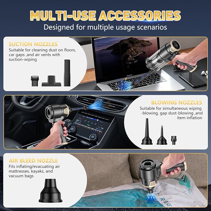 KMM Handheld Car Vacuum Cleaner, 16000PA Air Duster & Vacuum Cleaner, 120W High Power Hand Held Vacuum Cordless, Portable Vacuum Rechargeable with Multi-Nozzles & LED Light for Car, Home, Pet, Office - Image 6