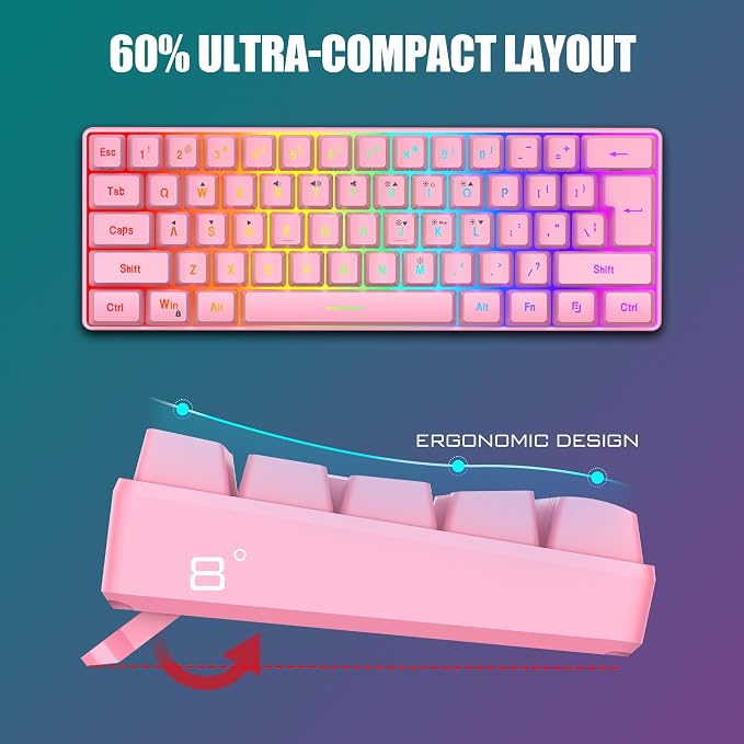 RedThunder 60% Gaming Keyboard and Mouse Combo, Ultra-Compact 61 Keys RGB Backlit Mini Keyboard, Lightweight 7200 DPI Honeycomb Optical Mouse, RGB Wired Gaming Set for PC MAC PS5 Xbox Gamer(Pink) - Image 3