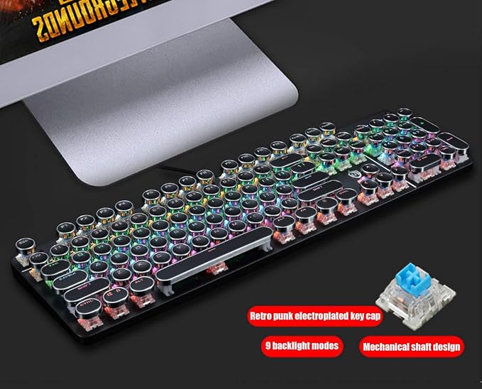 YSCP Typewriter Style Mechanical Gaming Keyboard Rainbow Backlit Wired with Blue Switch Retro Round Keycap 104 Keys Keyboard (L-Black) - Image 2