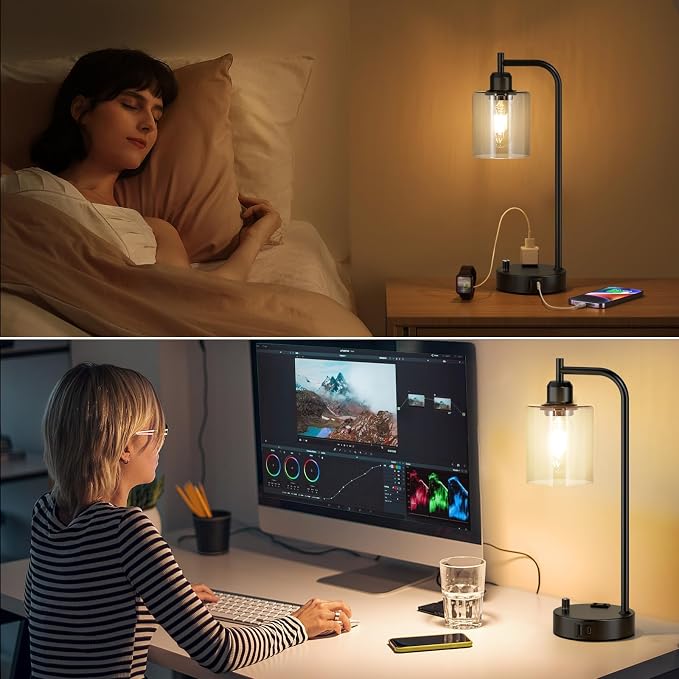 Industrial Nightstand Lamps for Bedrooms Set of 2 - Fully Dimmable Bedside Lamps with USB A C Ports and Outlet, Black Table Lamps with Clear Glass Shade for Living Room, Desk Lamps for Office Reading - Image 7