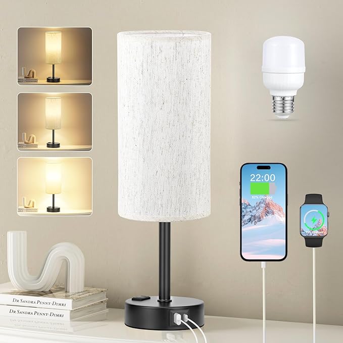 Light Beige Table Lamp for Nightstand - 3 Way Dimmable Bedside Lamp for Bedroom with USB C A Charging Ports and AC Outlet, Small Desk Lamp with Black Base for Living Room, Office, LED Bulb Included by Fenmzeelighting